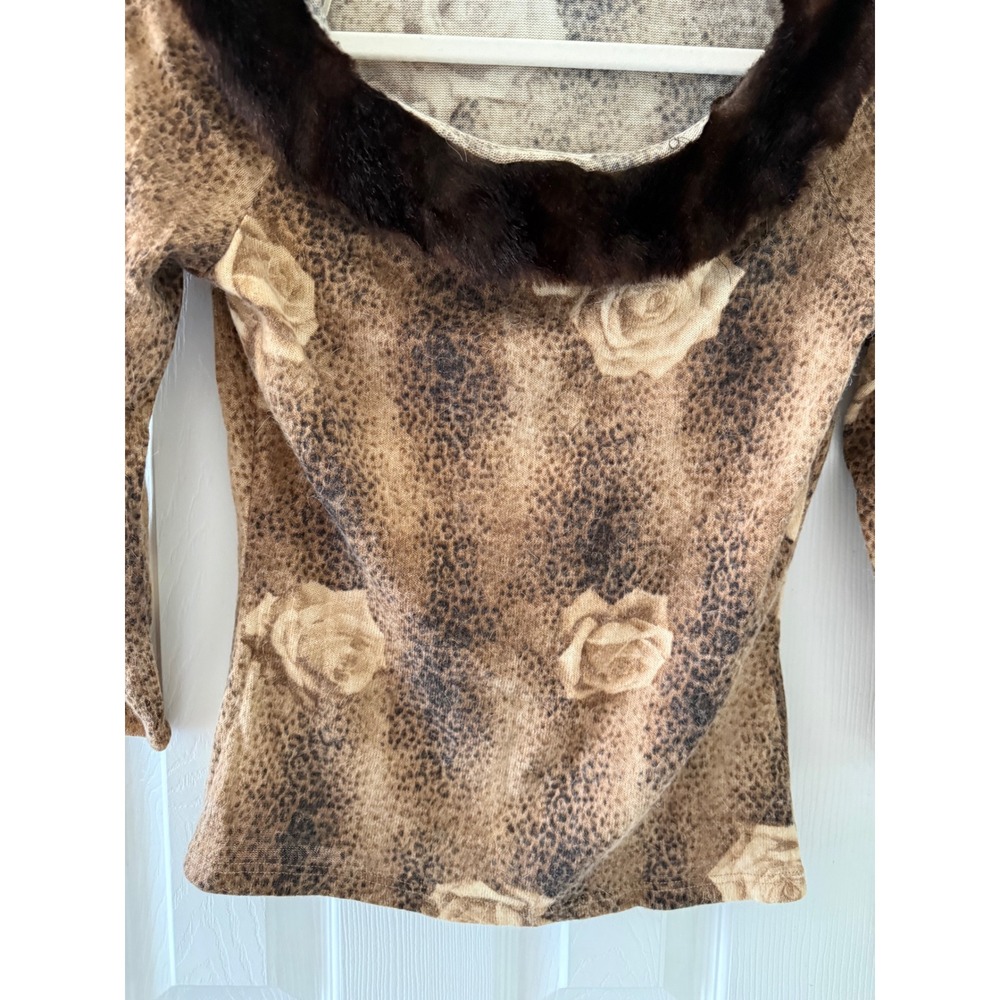 Vintage Caché Top M Y2K Rose Animal Print Fur Trim Romantic Grunge - Picture 7 of 8